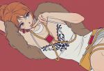  1girl arm_up belt breasts brown_eyes camisole choker cleavage closed_mouth coin collarbone commentary_request dress earrings eyelashes fur_scarf gem gold_beads high_ponytail holding holding_coin jewelry knees korean_commentary large_breasts nami_(one_piece) official_alternate_costume one_piece orange_hair pink_background ponytail ppyobong11 red_gem short_hair smile solo spaghetti_strap upper_body white_camisole white_choker white_dress 