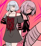  1girl :p band_shirt bandage_over_one_eye bandaged_leg bandaged_wrist bandages black_shirt breasts camisole clawed_hands claws commentary cowboy_shot emo_fashion english_commentary grey_hair heavy_metal highres long_shirt looking_to_the_side merchandise metal_band_text mole mole_under_eye multiple_views no_pants one_eye_covered pink_background pink_camisole red_eyes red_seiryu scene_fashion shirt short_hair simple_background sitting smile spaghetti_strap standing striped_clothes sweater_under_shirt tongue tongue_out two-tone_sweater under_night_in-birth under_night_in-birth_2_sys:celes white_hair zohar_(under_night_in-birth) 