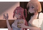  2girls :q aauugghh_garrison alcohol bare_shoulders black_ribbon blue_eyes blurry brown_hair cup depth_of_field drink hair_intakes hair_ribbon highres holding holding_cup holding_drink indoors kamiina_botan kamiina_botan_yoeru_sugata_wa_yuri_no_hana letterboxed licking_lips looking_at_another multiple_girls pink_hair purple_eyes ribbon signature single_off_shoulder tank_top tonami_ibuki tongue tongue_out two_side_up white_tank_top yuri 