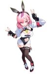  1girl absurdres animal_ear_hairband animal_ears armband belt black_gloves black_nails breasts brown_thighhighs chest_belt chinese_commentary cleavage clothing_cutout commentary_request detached_collar double_v epaulettes fake_animal_ears feishi fingerless_gloves from_above full_body gloves hair_behind_ear hairband highres large_breasts leotard light_blush navel necktie original parted_bangs pink_eyes pink_hair playboy_bunny rabbit_ear_hairband rabbit_ears red_armband short_hair short_necktie shrug_(clothing) simple_background skindentation solo stomach_cutout strapless strapless_leotard thigh_belt thigh_strap thighhighs v white_background white_shrug 