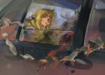  1girl absurdres blonde_hair blue_eyes burning burning_paper car curtained_hair earrings from_outside highres jewelry long_hair motor_vehicle muyihui original parted_hair parted_lips sitting solo 