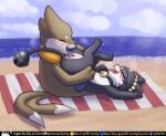 ambiguous_gender anus beach beach_towel bell beta_pokemon_(species) beta_pokemon_games blush bodily_fluids buizel cloud cunnilingus digital_media_(artwork) duo felid female female/ambiguous feral fur generation_4_pokemon genital_fluids genitals hi_res holding_both_legs holding_both_thighs lying mammal nintendo on_back open_mouth oral outside pokemon pokemon_(species) pokemon_gold_beta rinrin_(pokemon_gold_beta) rymherdier rynring sand seaside sex sky smile tail text tongue tongue_out towel vaginal vaginal_fluids vulva