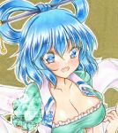  1girl blue_dress blue_eyes blue_hair blush breasts chisel commentary dress hagoromo hair_ornament hair_rings hair_stick highres kaku_seiga large_breasts looking_at_viewer medium_hair nekofish666 open_clothes open_mouth open_vest puffy_short_sleeves puffy_sleeves shawl short_sleeves smile solo touhou traditional_media upper_body vest watermark white_shawl white_vest 