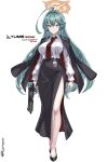  1girl absurdres abydos_high_school_logo ahoge artist_name badge black_jacket black_shoes black_skirt blue_archive breasts character_name commentary_request english_text f0rum7v frown full_body gun hair_between_eyes halo handgun highres holding holding_gun holding_weapon jacket jacket_on_shoulders large_breasts long_hair long_skirt long_sleeves looking_at_viewer necktie orange_halo original_terror_(blue_archive) red_necktie russian_commentary shirt shoes side_slit simple_background skirt solo standing very_long_hair weapon white_background white_shirt wing_collar yellow_eyes yume_(blue_archive) 