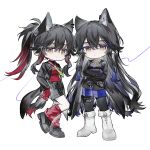  2girls absurdres animal_ear_fluff animal_ears arknights black_hair black_jacket black_pantyhose black_shorts black_vest blue_necktie boots chibi chibi_only closed_mouth collared_shirt crossed_arms diagonal-striped_clothes diagonal-striped_necktie dual_persona full_body gloves green_necktie hair_between_eyes highres jacket long_hair long_sleeves looking_at_viewer multiple_girls necktie official_alternate_costume pantyhose ponytail qu_le_hua_yuan_yuan_zhu_min red_gloves red_shirt red_socks shirt shorts simple_background socks standing striped_clothes striped_necktie striped_shorts tail texas_(arknights) texas_(willpower)_(arknights) texas_the_omertosa_(arknights) vest white_background white_boots wolf_ears wolf_girl wolf_tail 