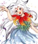 1girl absurdres bare_arms blue_skirt capelet chinese_commentary commentary_request cowboy_shot eyelashes facial_mark fangs forehead forehead_mark green_shirt grey_eyes hair_ears hand_up happy head_tilt high-waist_skirt highres houjuu_chimi leaf light_blush long_hair looking_ahead open_mouth otogisum3 pleated_skirt red_capelet shirt simple_background skirt sleeveless sleeveless_shirt smile solo sparkle standing tareme teeth touhou white_background white_hair 