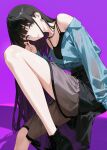 1girl absurdres amaya_tsubame armpit_crease bare_shoulders belt black_camisole black_hair black_shoes black_skirt blue_eyes blue_shirt blunt_bangs boots breasts camisole cleavage collared_shirt commentary_request cross-laced_shoes enu_illustip expressionless gakuen_idolmaster highres idolmaster leaning_forward leaning_to_the_side long_hair long_sleeves looking_at_viewer medium_breasts mole mole_under_eye open_clothes open_shirt overshirt purple_background see-through_clothes shadow shirt shirt_tucked_in shoes simple_background sitting skirt sleeveless sleeveless_shirt sunglasses very_long_hair 