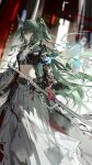  1girl absurdres arknights bandaged_chest blue_fire chest_sarashi fire green_hair hair_between_eyes hakama high_ponytail highres holding holding_sword holding_weapon horns hoshiguma_(arknights) hoshiguma_the_breacher_(arknights) japanese_clothes katana long_hair looking_at_viewer luozhou_pile navel ponytail sarashi single_horn skin-covered_horns solo sword weapon white_hakama yellow_eyes 