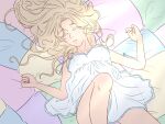  1girl alma_prisma_(lopartbymarah) bed bed_sheet blanket blonde_hair breasts camisole cleavage closed_eyes collarbone commission highres indoors legs light_rays long_hair lopartbymarah on_bed original parted_bangs parted_lips rwby see-through_camisole see-through_clothes signature sleeping solo sunbeam sunlight teeth white_camisole 