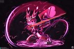 absurd_res anthro armor attack_pose clothing female generation_1_pokemon hi_res magic magic_circle melee_weapon neon nintendo pikachu pink_armor pokemon pokemon_(species) senz solo streetwear sword techwear text url weapon
