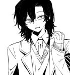  1boy armband collared_shirt dress_shirt greyscale hair_between_eyes high_contrast hyoutenka_30-do_no_zetsubou lapels looking_at_viewer male_focus medium_hair mitsudomoe_koubou_(series) mole mole_under_eye monochrome necktie open_mouth portrait rou_(h_s_sinrin) sanpaku sharp_teeth shirt simple_background solo sweater teeth tonimura_yui v-neck white_background 