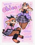2026 2_horns absurd_res antelope anthro bell_necklace biped black_eyeliner black_horn blush blush_lines bottomwear bovid brown_body brown_fur chico_(fuel) clothed clothing dipstick_ears ear_markings english_text eyeliner eyeshadow facial_markings female fishnet_stockings fuel_(artist) fur gazelle halter_top head_markings head_tuft heart_symbol hi_res horn inner_ear_fluff jewelry key key_necklace leg_warmers legwear looking_at_viewer makeup mammal markings multicolored_ears multiple_poses necklace outline pose purple_eyeshadow scut_tail short_tail signature sitting skirt smile solo standing tail tan_body tan_fur text tongue tongue_out tuft white_body white_fur white_outline