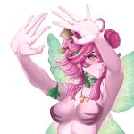  1girl ahoge armpits breasts bumantarastudio colored_sclera colored_skin commentary double_bun earrings english_commentary fairy fairy_wings flower froggyloch_(vtuber) hair_bun hair_flower hair_ornament hand_shadow_covering_breasts_(meme) highres indie_virtual_youtuber jewelry large_breasts meme necklace paintbrush_hair_ornament pink_flower pink_hair pink_skin pointy_ears red_eyes sidelocks snail_shell solo virtual_youtuber white_background wings yellow_sclera 