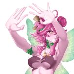  1girl ahoge armpits breasts bumantarastudio colored_sclera colored_skin double_bun earrings fairy fairy_wings flower froggyloch_(vtuber) hair_bun hair_flower hair_ornament hand_shadow_covering_breasts_(meme) highres indie_virtual_youtuber jewelry large_breasts meme necklace paintbrush_hair_ornament pink_flower pink_hair pink_skin pointy_ears red_eyes sidelocks snail_shell solo virtual_youtuber white_background wings yellow_sclera 