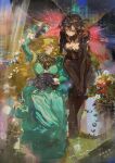  2girls :p absurdres arthropod_girl black_corset black_gloves black_hair black_skin black_wings blonde_hair blue_eyes breasts butterfly_girl butterfly_wings colored_skin corset dress earrings gloves green_dress green_eyes highres holding insect_wings jewelry long_hair looking_at_viewer medium_breasts mirror multicolored_skin multiple_girls muyihui original short_hair tongue tongue_out two-tone_skin very_long_hair wavy_hair wings 