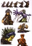  4boys absurdres beatmania_iidx bemani black_jacket character_request colored_skin goli_matsumoto green_hair grey_hair headphones highres holding holding_sword holding_weapon jacket katana long_hair male_focus multiple_boys multiple_views muscular muscular_male official_art outstretched_arms pectorals ponytail purple_skin scan shiki_(beatmania) shilow simple_background spiked_hair sword third-party_source weapon white_background yellow_skin yuz_(beatmania) 