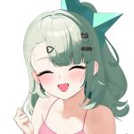  1girl 4kebidayo bandaid bandaid_hair_ornament bare_shoulders blush closed_eyes collarbone commentary_request green_hair hair_ornament hairclip hand_up heart heart_hair_ornament highres long_hair multiple_hairclips open_mouth portrait simple_background solo sunna_(zenless_zone_zero) sweat white_background zenless_zone_zero 