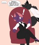 2025 5_fingers absurd_res anthro bat big_breasts blaze_(blazethefox) blazethefox bottomwear breasts canid canine chair clothed clothing collared_shirt crossed_legs cute_fangs dialogue dress_shirt duo ellipsis emanata english_text exclamation_point eyebrow_slit eyebrows eyes_closed fangs female fingers footwear fox fur furniture hair hair_over_eye hi_res high_heels lacy_(blazethefox) male mammal pants purple_body purple_fur shirt shoes simple_background sitting smile speech_bubble tail tan_background teeth text thick_thighs topwear vest wallet_chain wide_eyed