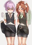  ... 2girls absurdres ahoge bike_shorts bike_shorts_under_skirt black_gloves blue_eyes blush bow clothes_lift collared_shirt commentary_request dress_shirt embarrassed feet_out_of_frame fingerless_gloves frown gloves gradient_background green_ribbon grey_background grey_skirt grey_vest hair_between_eyes hair_bow haruno_plum high_ponytail highres kagerou_(kancolle) kantai_collection lifting_own_clothes long_hair looking_at_another looking_down medium_hair multiple_girls neck_ribbon open_mouth panties panties_under_bike_shorts pink_hair pleated_skirt ponytail purple_eyes red_ribbon ribbon shiranui_(kancolle) shirt short_sleeves sidelocks simple_background skirt skirt_lift speech_bubble spoken_ellipsis sweat thighs translation_request twintails underwear vest white_bow white_panties white_shirt 
