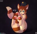 absurd_res ailurid anthro bell bell_collar blush blush_lines clothing collar domestic_cat eyewear felid feline felis glasses hat headgear headwear hi_res hug hybrid looking_at_viewer male mammal pawpads paws red_panda senz sitting solo tail tail_hug text url