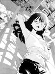  1girl absurdres armpits bed blunt_bangs breasts camisole commentary_request dolphin_shorts greyscale half-closed_eye half-closed_eyes highres indoors long_hair midriff monochrome navel ogata_(ogt_illust) one_eye_closed open_mouth original pillow saliva shorts sleepy small_breasts solo teeth upper_teeth_only 