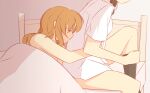  2girls adjusting_clothes adjusting_legwear black_thighhighs blanket blonde_hair bottomless bow breasts brown_hair collared_shirt commentary_request hair_bow head_out_of_frame hug long_hair maribel_hearn missing_headwear multiple_girls nude on_bed shirt sidelocks thighhighs touhou unagi_sango usami_renko white_blanket white_bow white_shirt yellow_eyes yuri 