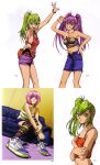  3girls absurdres beatmania_iidx bemani blue_skin breasts camisole colored_skin couch goli_matsumoto green_eyes green_hair grey_tube_top grin hair_ornament hair_ribbon hairclip hand_on_own_hip highres indoors jewelry kitami_erika long_hair looking_at_viewer medium_breasts mizushiro_celica multicolored_thighhighs multiple_girls multiple_views necklace nyah official_alternate_costume official_art pink_eyes pink_hair purple_eyes purple_hair purple_shorts red_camisole red_ribbon ribbon scan shoes short_hair shorts siblings side_ponytail simple_background sisters sitting smile sneakers strapless striped_clothes striped_thighhighs sunglasses thighhighs third-party_source tube_top twins twintails unworn_eyewear w white_background white_shoes 