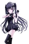  1girl absurdres arm_strap artist_name belt black_belt black_dress black_gloves black_hair blush breasts cellphone dress fingerless_gloves gloves hair_ornament hairband hairclip heart highres holding holding_phone iris37337 long_hair looking_at_viewer looking_to_the_side maid_headdress original parallel_hairclips partially_fingerless_gloves phone purple_eyes single_fingerless_glove sleeveless small_breasts smartphone solo thighhighs twintails white_background 