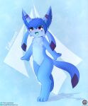 absurd_res anthro blue_body blue_fur blush eeveelution fur generation_4_pokemon glaceon hi_res nintendo pokemon pokemon_(species) senz solo standing text url