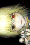  1boy absurdres androgynous black_background blonde_hair blue_tabard chain closed_mouth crystal_earrings earrings glowing glowing_eye hand_chains highres hunter_x_hunter jewelry kurapika lips looking_at_viewer medium_hair multiple_rings pointing pointing_at_viewer portrait r_(rieul) ring sideways simple_background solo tabard yellow_trim 