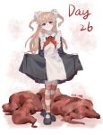 1girl absurdres black_dress black_shoes blonde_hair blush chinese_commentary commentary_request crossed_ankles dress flesh flesh_blood_&amp;_concrete full_body grin highres holding_own_dress looking_at_viewer mary_janes neckerchief nika_(flesh_blood_&amp;_concrete) pantyhose rddumpling red_neckerchief red_pantyhose school_uniform shoes smile solo soviet_school_uniform standing striped_clothes striped_pantyhose two_side_up 