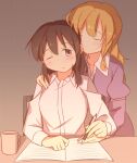  2girls blonde_hair blush brown_eyes brown_hair chair closed_eyes closed_mouth collared_dress collared_shirt commentary_request contrast_collar cup dress hand_on_another's_shoulder holding holding_pen long_hair long_sleeves maribel_hearn medium_hair missing_headwear multiple_girls one_eye_closed paper pen purple_dress shirt sidelocks sitting sleeve_garter sweatdrop touhou unagi_sango usami_renko white_shirt yuri 