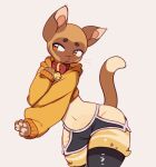 animated anthro black_clothing black_legwear black_stockings blush blush_lines bottomwear brown_eyebrows brown_markings cel_shading clothing collar colored cropped_hoodie cute_fangs digital_drawing_(artwork) digital_media_(artwork) domestic_cat eyebrows fangs felid feline felis hoodie legwear loop male mammal markings navel orange_eyes pawpads pink_nose pose red_collar shaded shorts simple_background solo stockings sufness tail tail_motion tan_body teeth thick_thighs topwear white_background wide_hips yellow_clothing yellow_hoodie yellow_topwear