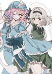  2girls black_bow black_bowtie black_hairband blue_hat blue_kimono bow bowtie ebuna folding_fan frilled_kimono frills ghost green_skirt green_vest hairband hand_fan hand_on_weapon hat highres hitodama hitodama_print holding holding_fan japanese_clothes katana kimono konpaku_youmu konpaku_youmu_(ghost) medium_hair mob_cap multiple_girls perfect_cherry_blossom pink_eyes pink_hair red_eyes saigyouji_yuyuko saigyouji_yuyuko's_fan_design simple_background skirt sleeve_garter sword touhou triangular_headpiece vest weapon white_background white_hair 