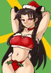  1girl alternate_breast_size_(larger) armpits arms_behind_head bandeau black_hair breasts choker cleavage clinickcase commentary cowboy_shot earrings fate/grand_order fate_(series) hat highres hoop_earrings ishtar_(fate) jewelry large_breasts long_hair navel panties red_bandeau red_choker red_eyes red_panties santa_hat smile solo string_panties two_side_up underwear very_long_hair 