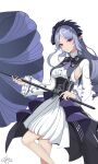  1girl absurdres cliyz commentary_request dress highres holding holding_umbrella long_hair looking_at_viewer multicolored_hair open_mouth pointy_ears purple_hair red_eyes solo streaked_hair umbrella vivian_banshee white_background white_dress white_streaks zenless_zone_zero 