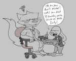 accessory aloha_shirt ambiguous_gender angry annoyed anthro bottomwear box buckteeth canid canine chair closed_frown clothed clothing container cotton_tail dialogue digital_drawing_(artwork) digital_media_(artwork) disney dot_eyes doughnut_box duo ears_down english_text feet fingers fluffy fluffy_tail fox frown fur furniture gesture grey_arms grey_background grey_body grey_bottomwear grey_clothing grey_ears grey_face grey_feet grey_fur grey_hands grey_jacket grey_neck grey_nose grey_pants grey_shirts grey_tail grey_tie grey_topwear hand_gesture handwritten_text hi_res holding_box holding_container holding_object jacket judy_hopps lagomorph leporid long_feet long_tail looking_at_another looking_at_viewer male mammal mouth_closed necktie nick_wilde office_chair on_chair open_frown open_mouth pants pattern_clothing pattern_shirt pattern_topwear pivoted_ears pointing pointing_up pointy_ears prick_ears rabbit rabbit_feet rumcoat shirt simple_background simple_eyes sitting sitting_on_chair speech_bubble standing tail teeth text tongue topwear triangle_nose zootopia