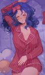  1girl absurdres arm_up blue_hair blush breasts buttons cleavage closed_eyes highres kokomi_(aniesuakkaman) large_breasts long_hair long_sleeves lying mask mask_on_head miside mita_(miside) on_back pajamas red_pajamas red_shirt red_shorts shirt short_shorts shorts sleep_mask sleeping sleepwear sleepy_mita_(miside) solo sparkle sparkling_aura striped_clothes striped_pajamas striped_shirt striped_shorts stuffed_flower vertical-striped_clothes vertical-striped_pajamas vertical-striped_shirt vertical-striped_shorts 