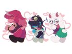 1boy 1girl 1other androgynous antenna_hair armlet ass barefoot black_bodysuit black_boots black_hair black_vest blush bodysuit boots bracelet cape chibi chibi_only colored_sclera colored_skin commentary cuirass dealmaker_(deltarune) deltarune dudmii english_commentary fang fangs freckles furry furry_female furry_male gauntlets glasses green-framed_eyewear heterochromatic_eyewear highres jewelry kris_(dark_world)_(deltarune) kris_(deltarune) long_hair long_sleeves looking_at_viewer no_eyes one_eye_closed open_mouth pants pink-tinted_eyewear pink_eyes pink_scarf purple_hair purple_pants purple_skin ralsei red_cape red_eyes reptile_girl round_eyewear scarf shaded_face sidelocks skin_fangs spiked_armlet spiked_bracelet spikes susie_(dark_world)_(deltarune) susie_(deltarune) sweatdrop tail tinted_eyewear utdr_(toby_fox) vest yellow-tinted_eyewear yellow_sclera 