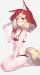  1girl absurdres animal_ears arknights arknights:_endfield bikini blonde_hair blush breasts detached_hood food highres holding holding_food holding_popsicle hood hood_up looking_at_viewer medium_breasts medium_hair popsicle rossi_(arknights) seiza sicsic49 simple_background sitting solo sweat swimsuit tail tongue tongue_out white_background white_bikini wolf_ears wolf_girl wolf_tail yellow_eyes 