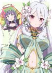  2girls absurdres aged_up ameth_(princess_connect!) antenna_hair black_gloves blue_eyes blush breasts broken_halo clothing_cutout commentary_request dated elf flower foolforpriconne gloves grey_hair hair_flower hair_ornament halo highres kokkoro_(princess_connect!) kokkoro_(young_guide)_(princess_connect!) large_breasts long_hair looking_at_viewer meme multicolored_hair multiple_girls navel pink_eyes pink_flower pointing pointy_ears princess_connect! purple_hair sidelocks smug_inori_(meme) solo_focus sparkle stomach_cutout upper_body very_long_hair white_flower white_hair 