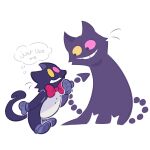  1boy 1other animal_costume animal_ears arched_back black_eyes black_mouth bow bowtie cat cat_costume cat_ears cat_mike_(deltarune) colored_sclera commentary creature deltarune dorsiflexion english_commentary english_text fafameow friend_(deltarune) grey_mittens grid_teeth grin height_difference heterochromia highres invisible_floor looking_at_another looking_down mismatched_sclera mittens pink_bow pink_bowtie pink_eyes pink_sclera shadowguy_(deltarune) sharp_tail simple_background smile solid_eyes speech_bubble standing tail_mouth thinking thought_bubble toes_up utdr_(toby_fox) whiskers white_background yellow_eyes yellow_sclera 