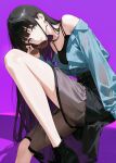  1girl absurdres amaya_tsubame armpit_crease bare_shoulders belt black_camisole black_hair black_shoes black_skirt blue_eyes blue_shirt blunt_bangs boots breasts camisole cleavage collared_shirt commentary_request cross-laced_shoes enu_illustip expressionless gakuen_idolmaster highres holding holding_removed_eyewear idolmaster leaning_forward leaning_to_the_side long_hair long_sleeves looking_at_viewer medium_breasts mole mole_under_eye open_clothes open_shirt overshirt purple_background see-through_clothes shadow shirt shirt_tucked_in shoes simple_background sitting skirt sleeveless sleeveless_shirt sunglasses unworn_eyewear very_long_hair 