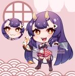  1girl boots breasts chibi cleavage cleaver commentary demon_tail english_commentary food-themed_hair_ornament frying_pan gloves hair_ornament horns indie_virtual_youtuber long_hair multiple_expressions oni onigiri_(1st_costume)_(vtuber) onigiri_(vtuber) onigiri_hair_ornament open_mouth purple_hair r0cketcat red_skirt skirt smile solo tail thigh_boots very_long_hair virtual_youtuber white_gloves yellow_eyes yellow_horns 