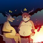 1:1 2023 anthro antlers bambo belly bent_legs big_belly black_eyebrows black_nose bloated brown_body brown_eyes brown_fur brown_hair brown_hooves campfire cheek_tuft chin_tuft clenched_teeth clothing colored crossover deer deer_avenger digital_drawing_(artwork) digital_media_(artwork) duo electronics elliot_(open_season) embers eyebrows eyes_closed facial_tuft fingers forest forest_background fur hair headgear headgear_only headkerchief headkerchief_only headphones headwear headwear_only hi_res holding_belly holding_own_belly hooved_fingers hooves horn huge_belly kerchief kerchief_only log male mammal moobs mostly_nude multicolored_body multicolored_fur navel night nipples nude nude_anthro nude_male open_mouth open_season open_smile outdoor_nudity outie_navel overweight overweight_anthro overweight_male pecs plant red_headkerchief red_kerchief scut_tail shaded short_tail sitting sitting_on_log smile smiling_at_another t0l0k tail tan_body tan_fur tan_nipples teeth toothy_grin tree tuft two_tone_body two_tone_fur weight_gain white_sclera wood yellow_body yellow_fur