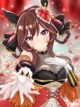  1girl animal_ears bare_shoulders blush braid braided_hair_rings breasts brown_hair cleavage commentary_request corset detached_sleeves donald_1934 dress ear_covers ear_ornament gentildonna_(regina_dei_fiori)_(umamusume) gentildonna_(umamusume) gloves grin hair_between_eyes hair_ornament hair_rings hand_on_own_chest heart-shaped_ornament heart_ear_ornament highres horse_ears horse_girl large_breasts long_hair looking_at_viewer open_mouth red_corset red_eyes see-through_cleavage see-through_clothes smile solo teeth umamusume white_gloves 