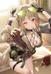  1girl adjusting_eyewear blush breasts brown_hair choker cleavage commentary commission cowboy_shot double_bun earrings emanon123 english_commentary fishnet_top fishnets girls'_frontline girls'_frontline_2:_exilium grin hair_bun highres jewelry looking_at_viewer medium_breasts mityl_(girls'_frontline_2) one_eye_closed p90_(girls'_frontline) red_eyes sitting skeb_commission smile solo sunglasses thigh_strap thighs 