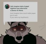anthro canid canid_demon canine canis cerberus cerberus_(fortnite) clothed clothing demon dialogue disgust disgusted_expression disgusted_face duo epic_games european_mythology fortnite greek_mythology hellhound hi_res humor male male/male mammal multi_head mythological_canine mythological_creature mythology parody pinumontbalou scared social_media wendell_(fortnite) wolf