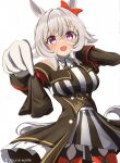  1girl adversarial_noise animal_ears bare_shoulders black_dress blush bow breasts coat commentary_request curren_chan_(fille_eclair)_(umamusume) curren_chan_(umamusume) dress ear_bow ear_covers garter_straps gloves grey_hair hair_between_eyes hand_on_own_face handkerchief highres holding holding_unworn_clothes horse_ears horse_girl horse_tail large_breasts long_sleeves looking_at_viewer off-shoulder_coat off-shoulder_dress off-shoulder_jacket off_shoulder open_mouth purple_eyes red_bow red_thighhighs short_hair simple_background smile solo striped_clothes striped_dress suraimu696 tail thighhighs umamusume vertical-striped_clothes vertical-striped_dress white_dress white_gloves 