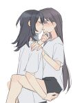  2girls bang_dream! bang_dream!_it's_mygo!!!!! black_hair black_shorts blush carrying carrying_person closed_eyes commentary highres imminent_kiss jenjen long_hair medium_hair mole mole_under_eye multiple_girls open_mouth purple_eyes shiina_taki shirt short_sleeves shorts simple_background untranslatable_commentary white_background white_shirt yahata_umiri yuri 